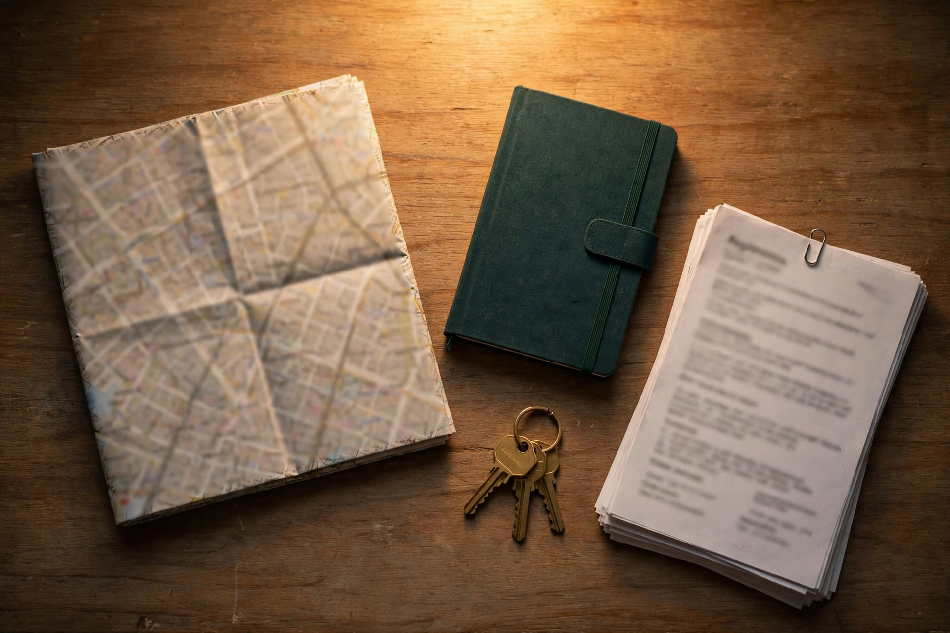 A desk with registration papers, a map and a notebook for checking rental rules